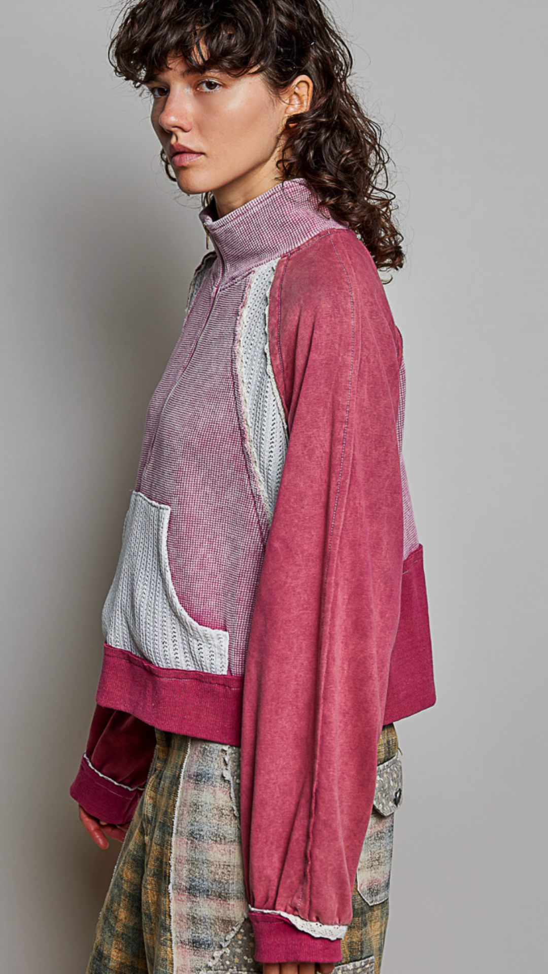 Dried Rose Vintage Wash Soft Contrast Knit Panel Quarter Zip Pullover