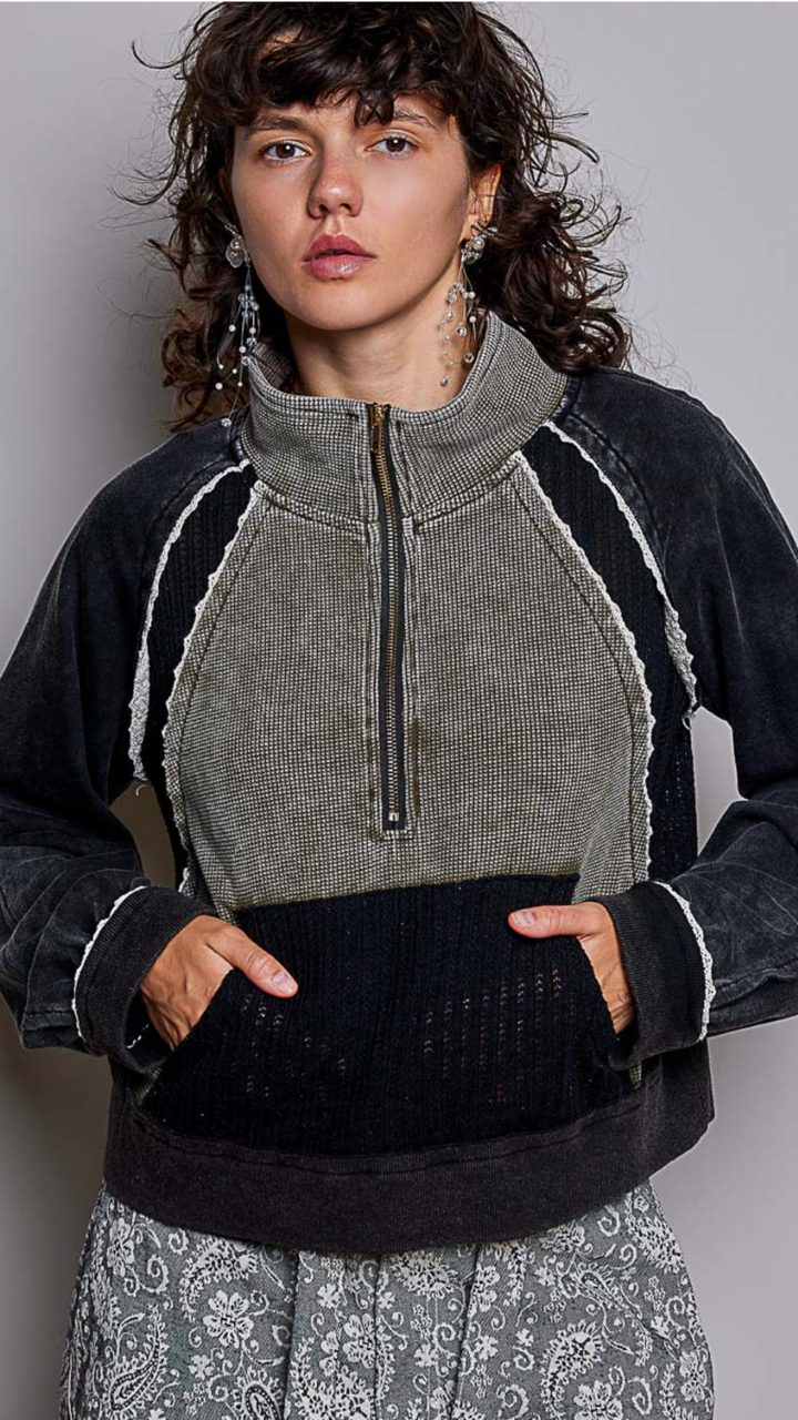 Black Olive Vintage Wash Soft Contrast Knit Panel Quarter Zip Pullover