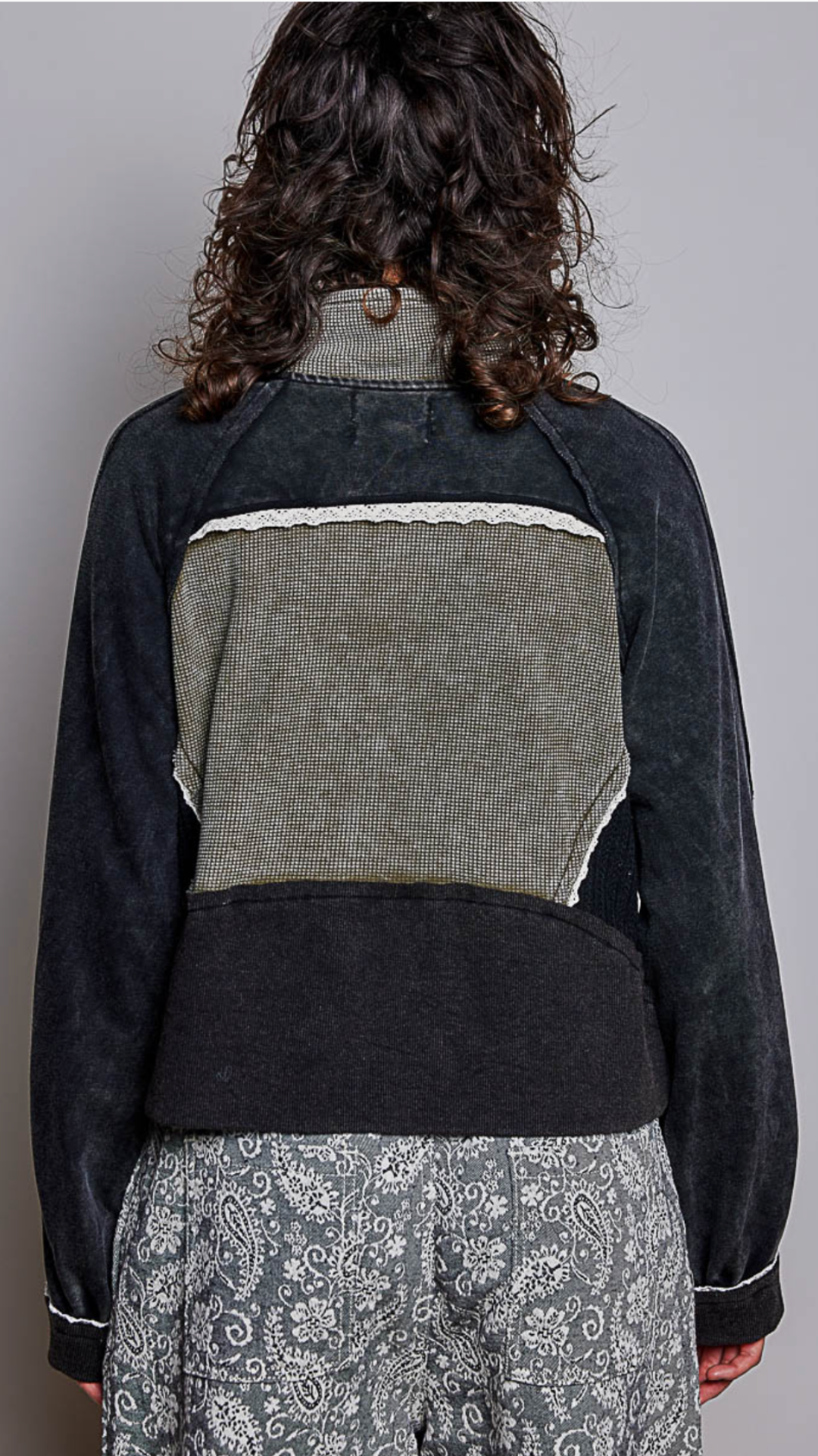 Black Olive Vintage Wash Soft Contrast Knit Panel Quarter Zip Pullover