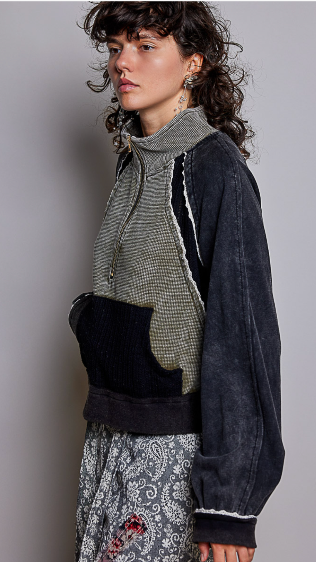 Black Olive Vintage Wash Soft Contrast Knit Panel Quarter Zip Pullover