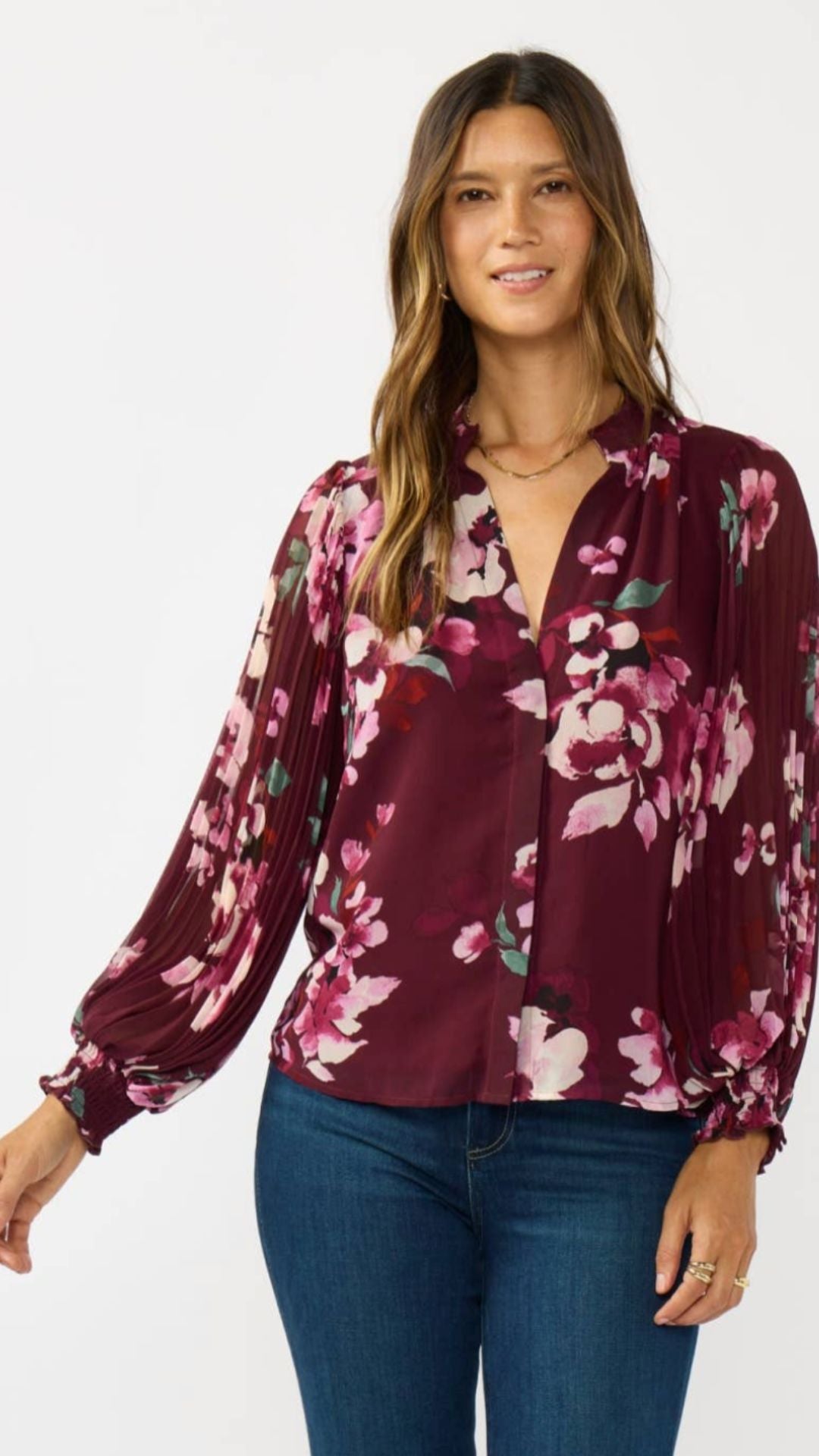 Pleated Sleeve Floral Button Blouse