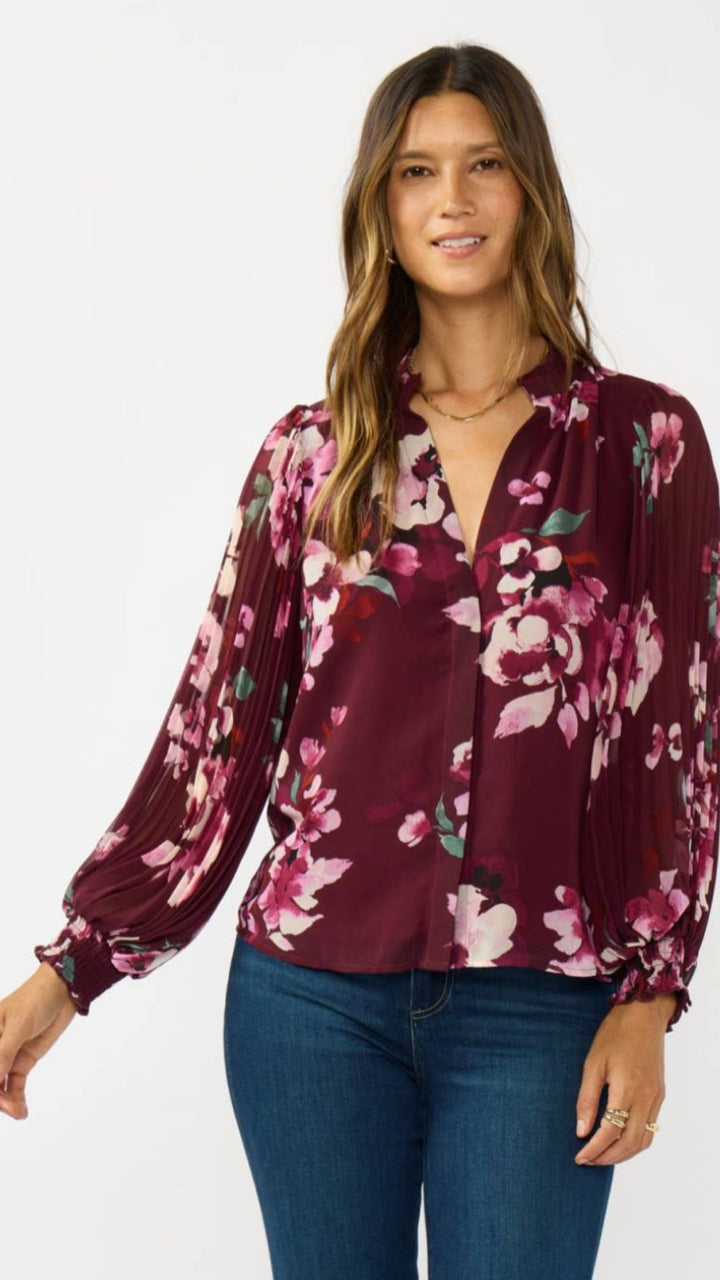 Pleated Sleeve Floral Button Blouse