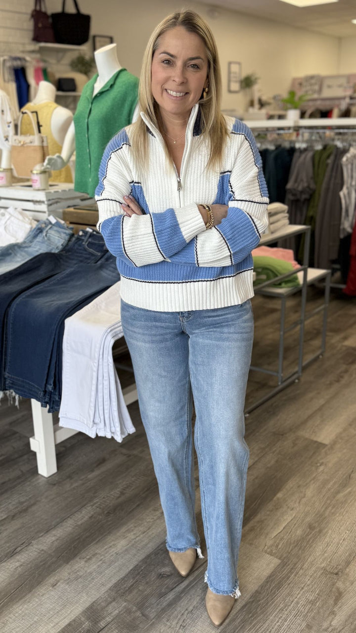 Light Blue Quarter Zip Colorblock Sweater