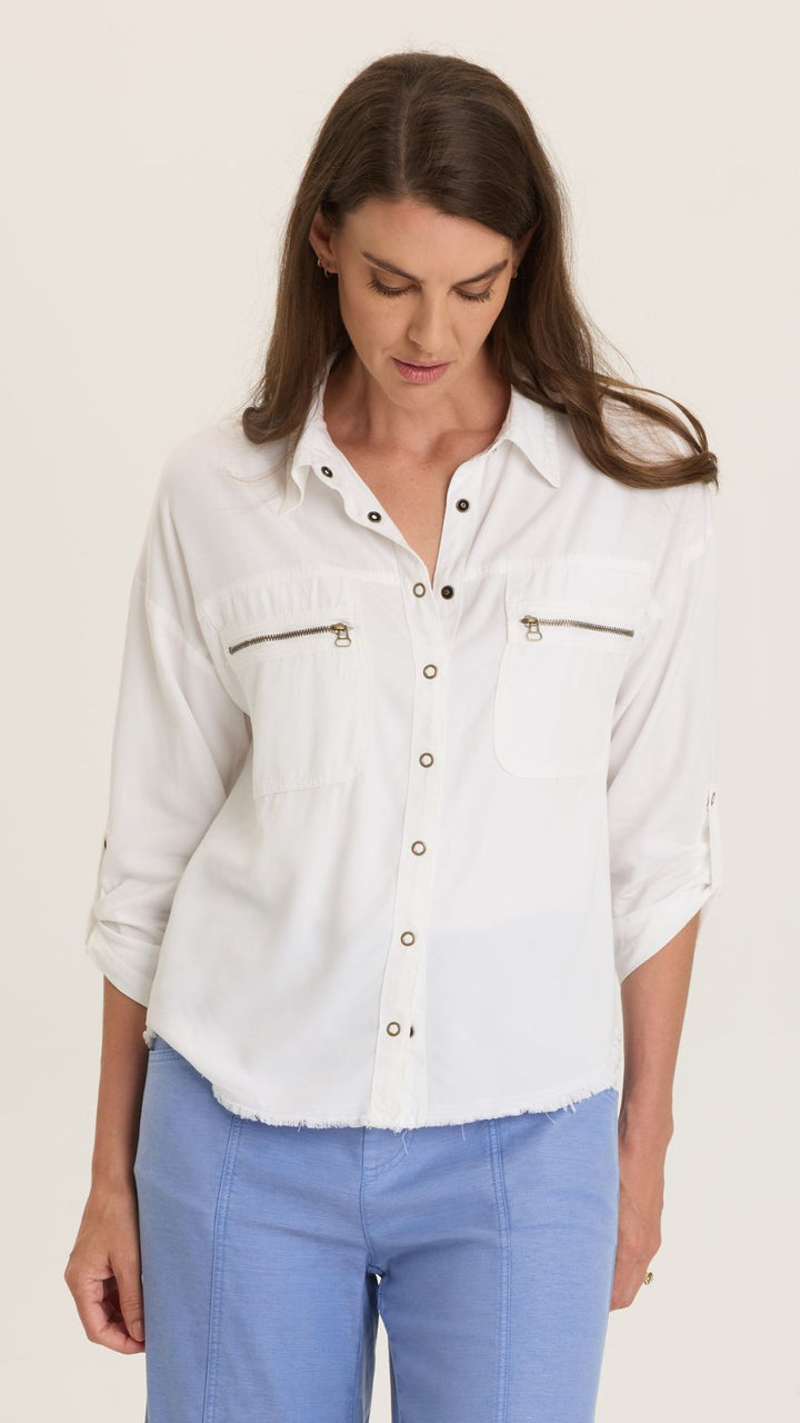 White Knapp Utility Cargo Button Up Top