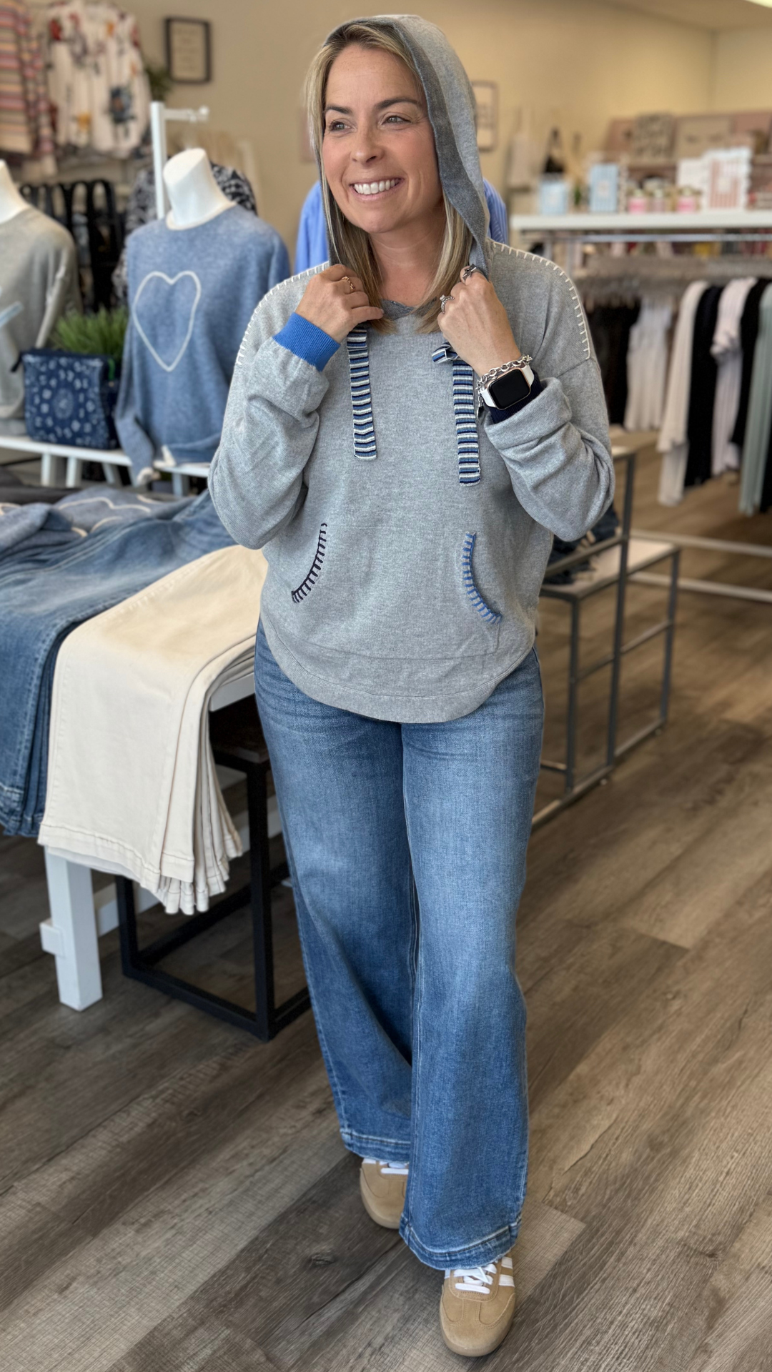 Blue Contrast Detail Hooded Sweater