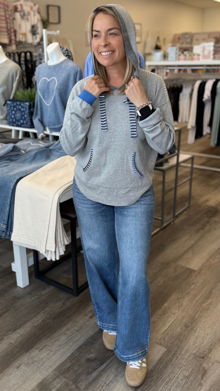 Blue Contrast Detail Hooded Sweater