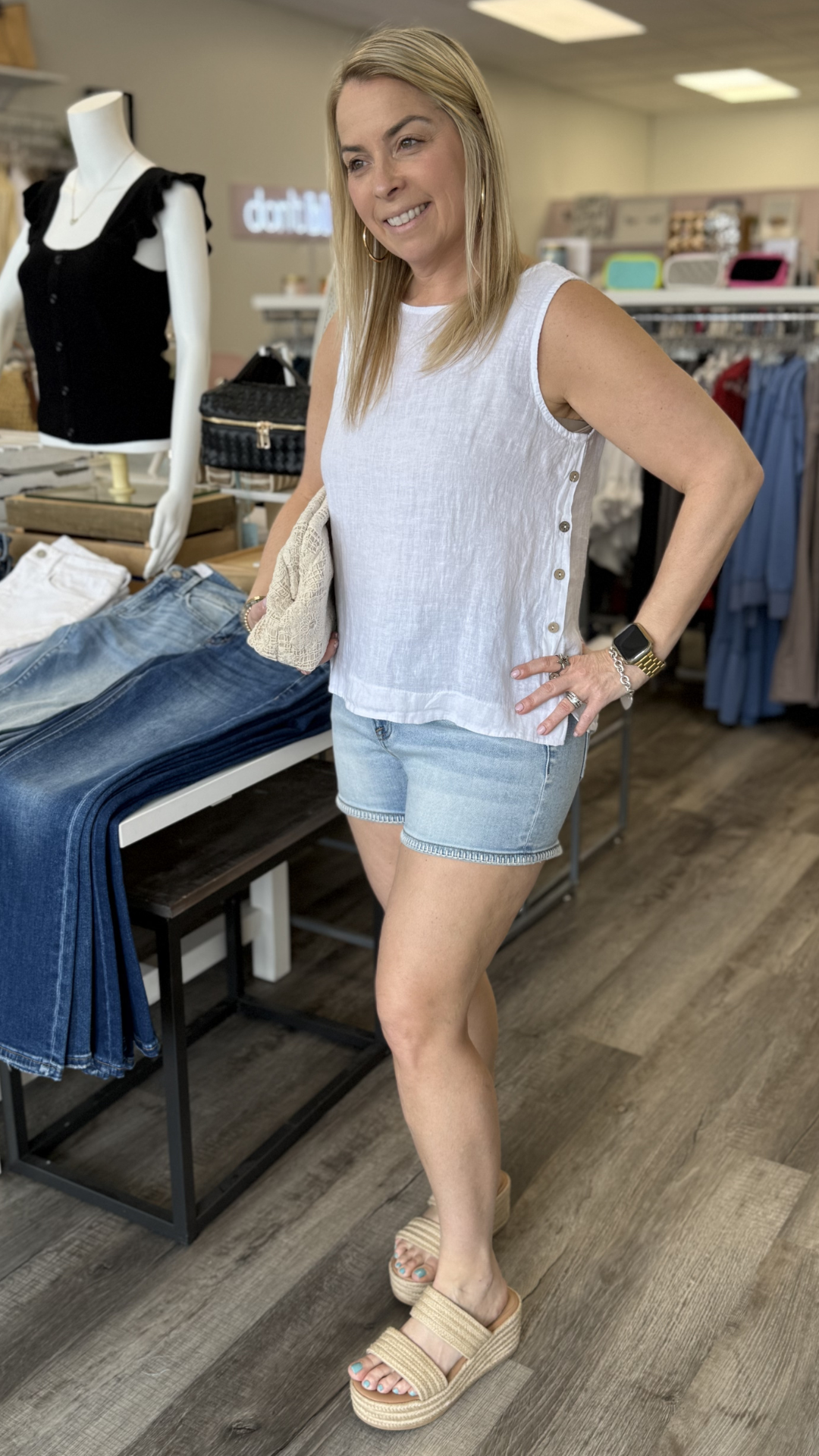 Crisp Linen Sleeveless Blouse With Side Buttons