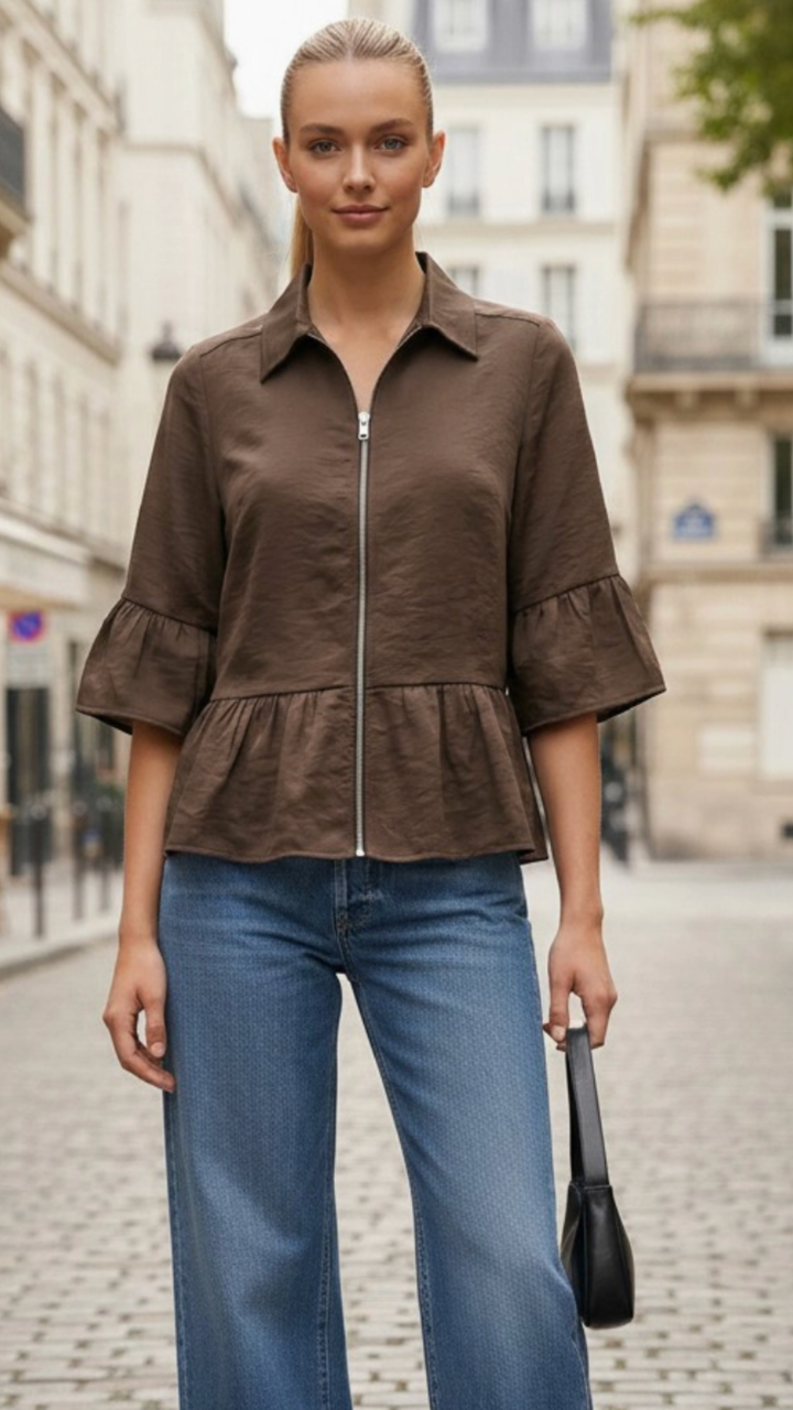 Chocolate Ruffle Zip Jacket Blouse
