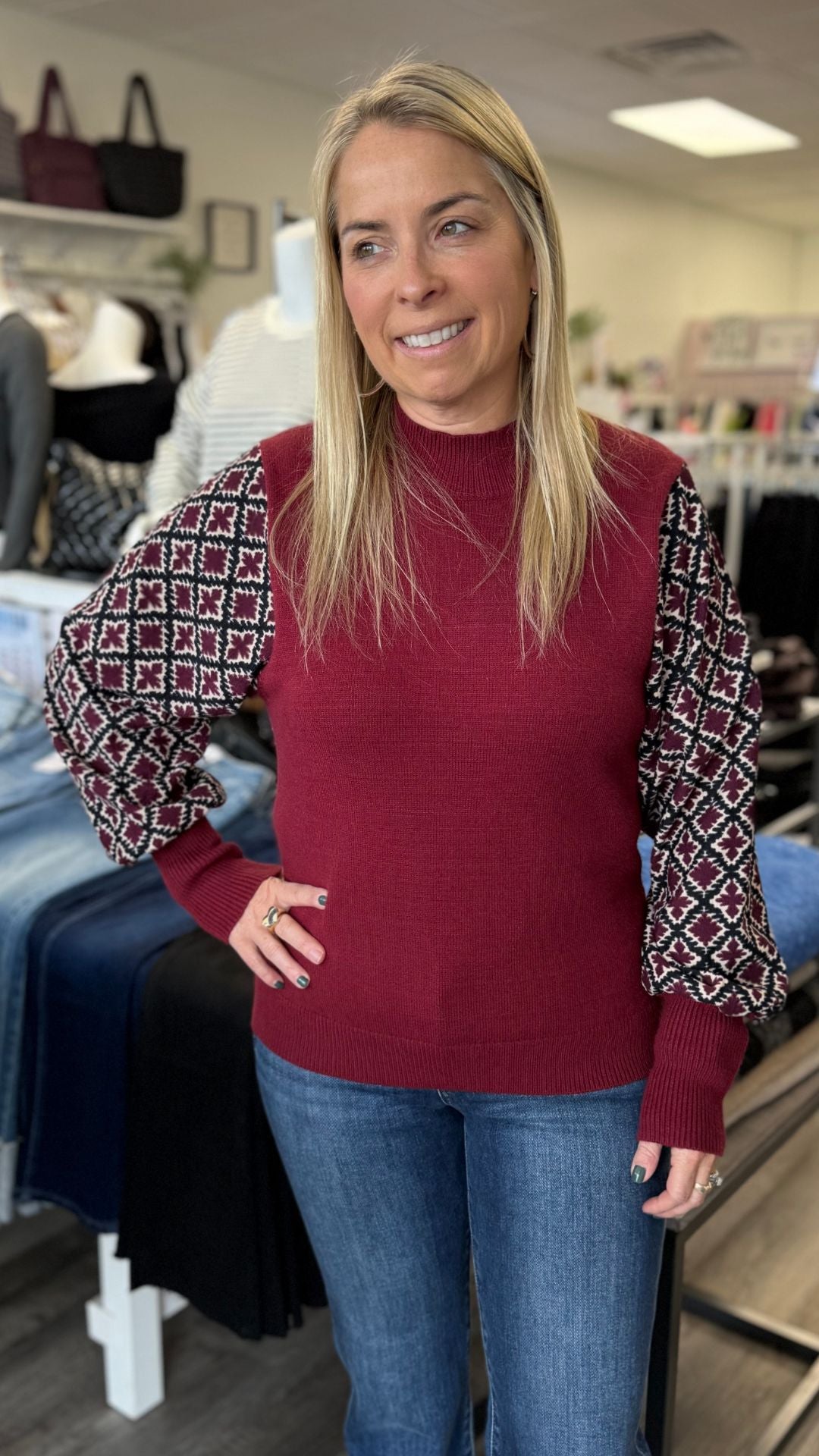 Burgundy Mixed Media Knit Top