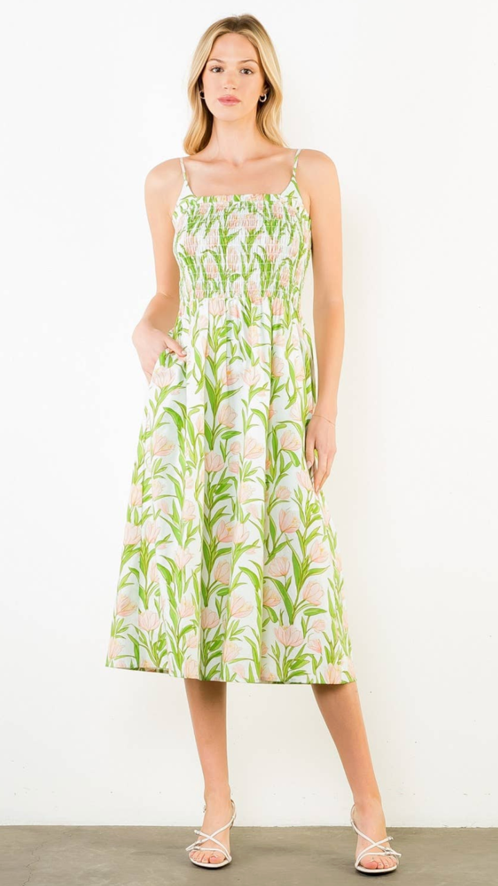 Thin Strap Floral Pattern Midi Dress