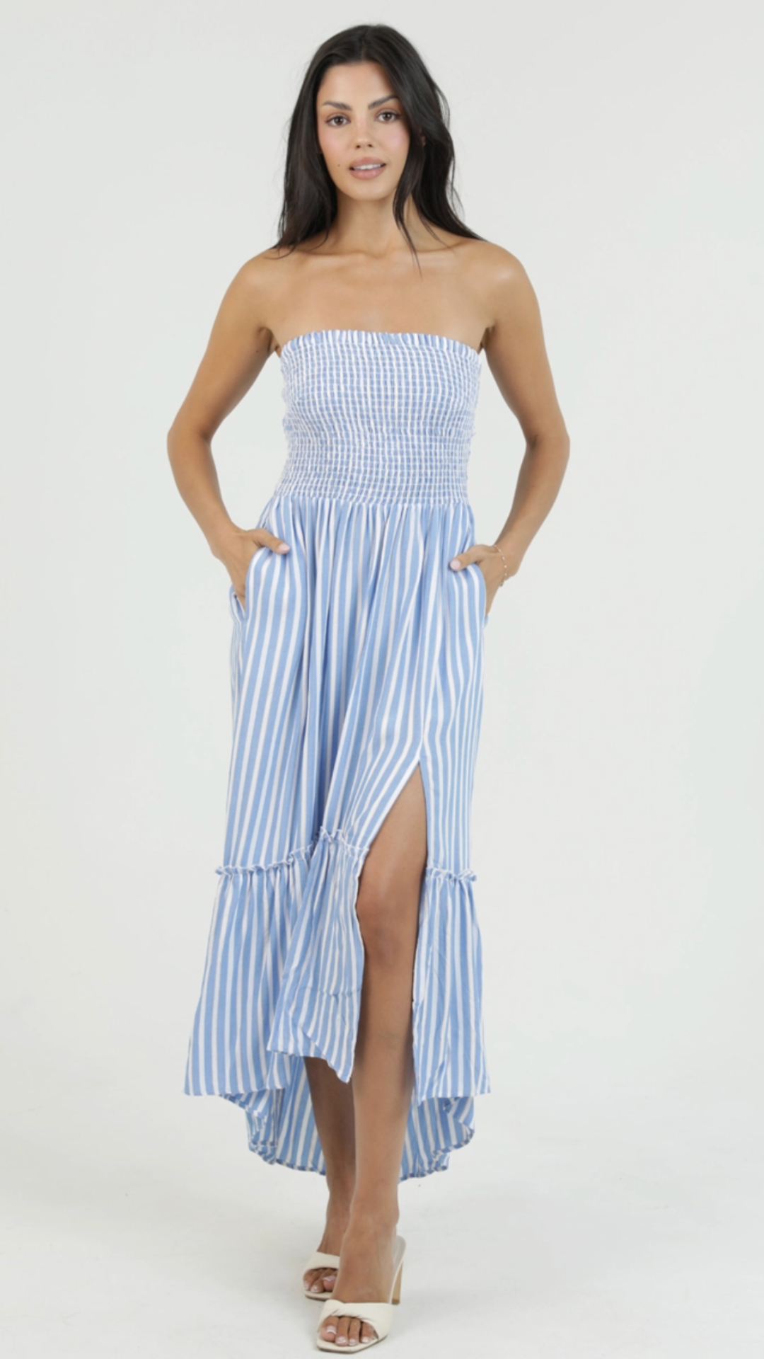 blue and white striped strapless maxi dress By Together L6998
