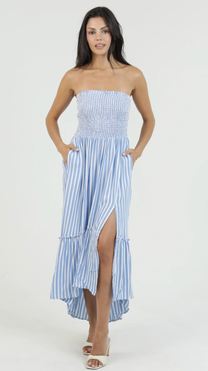 Striped Smocked Bodice Strapless Maxi Dress