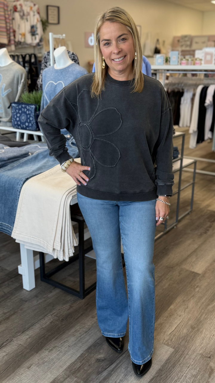 Charcoal Flower Appliqué Long Sleeve Top