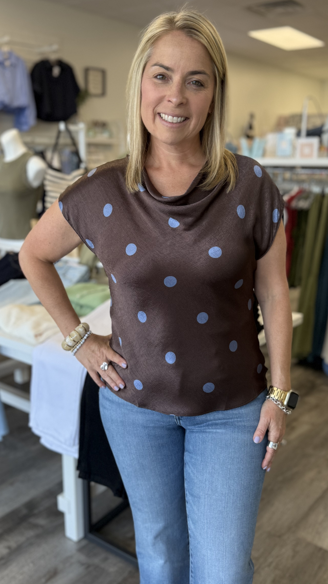 Polka Dot Draped Cowl Neck Blouse
