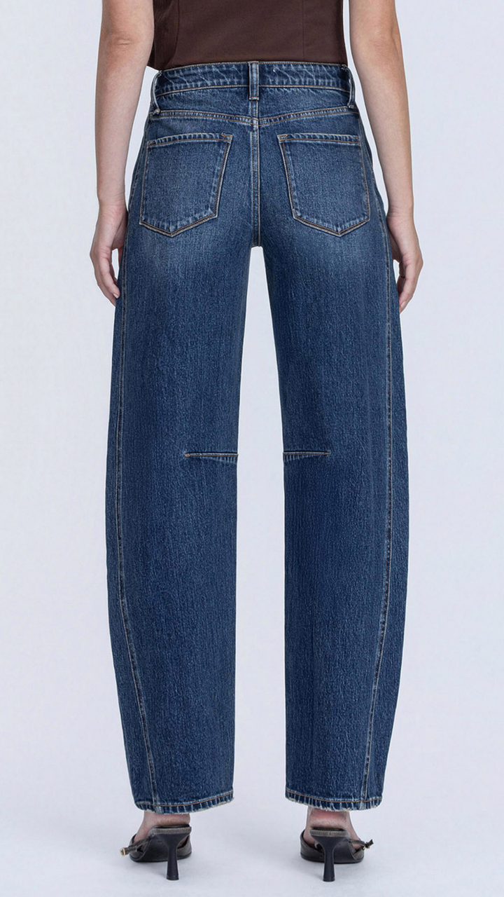 High Rise Dark Wash Non Stretch Denim Barrel Jeans