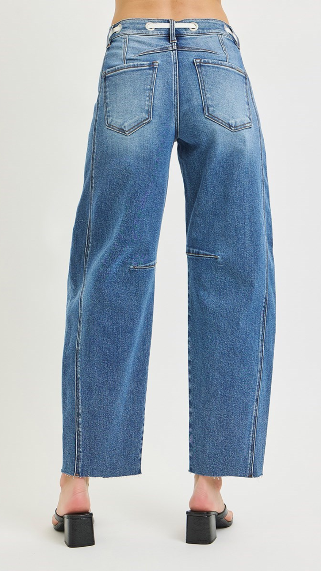 High Rise Medium Wash Slouchy Barrel Jeans With Drawstring And Eyelet Detail