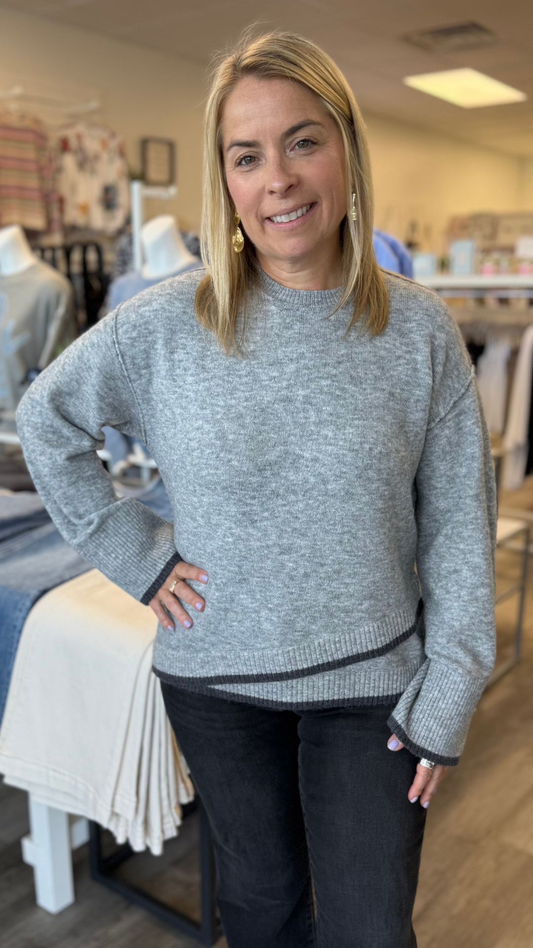 Grey Contrast Trim Crew Neck Sweater