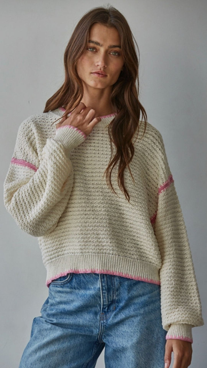 Natural Pullover With Pink Trim Sweater