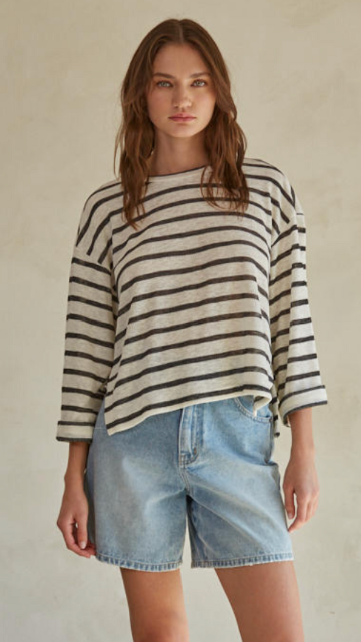Striped Round Neck Quarter Sleeve Pullover Top