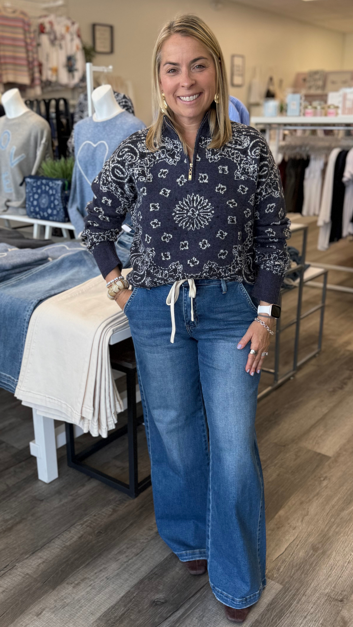 Paisley Jacquard Quarter Zip Sweater