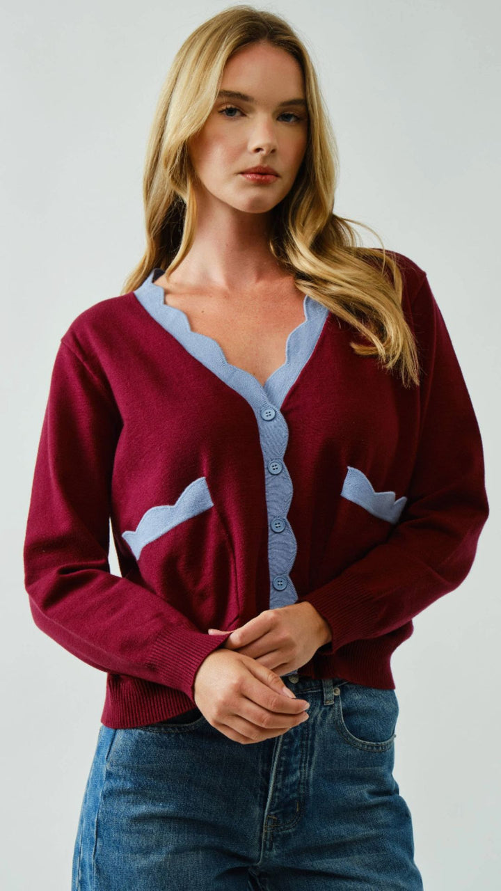 Burgundy Super Soft Scallop Detail Sweater Cardigan