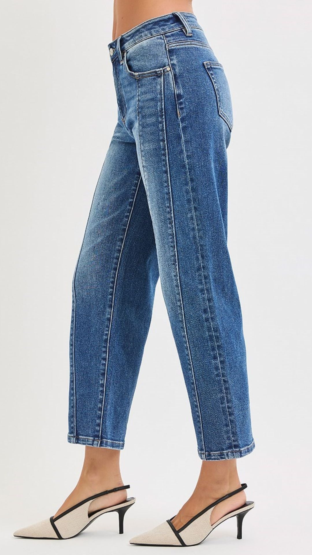High Rise Medium Wash Seam Detail Crop Straight Jeans
