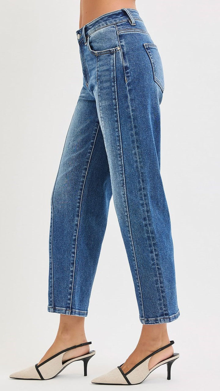 High Rise Medium Wash Seam Detail Crop Straight Jeans