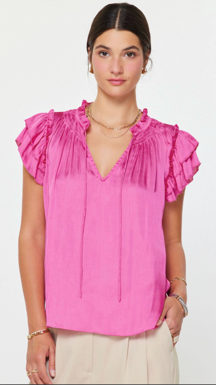 Pink Tiered Ruffle Short Sleeve Blouse