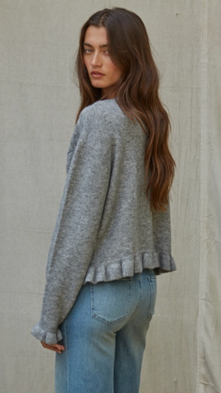 Heather Grey Ruffled Bottom Cardigan Sweater