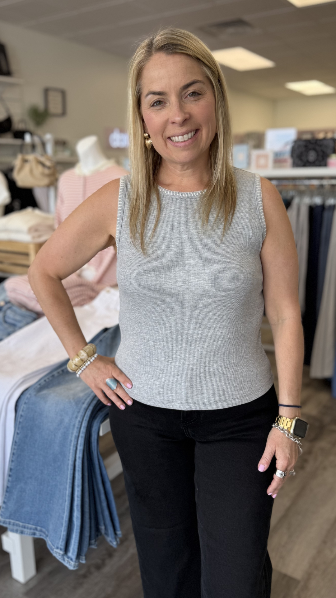 Grey Ribbed Knit Tank With Stitch Detail