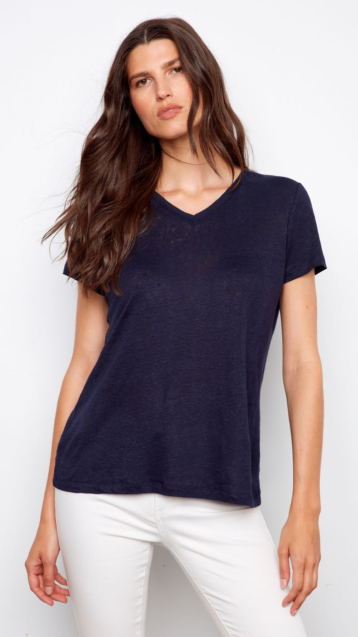 Navy Drop Shoulder V Neck Tee