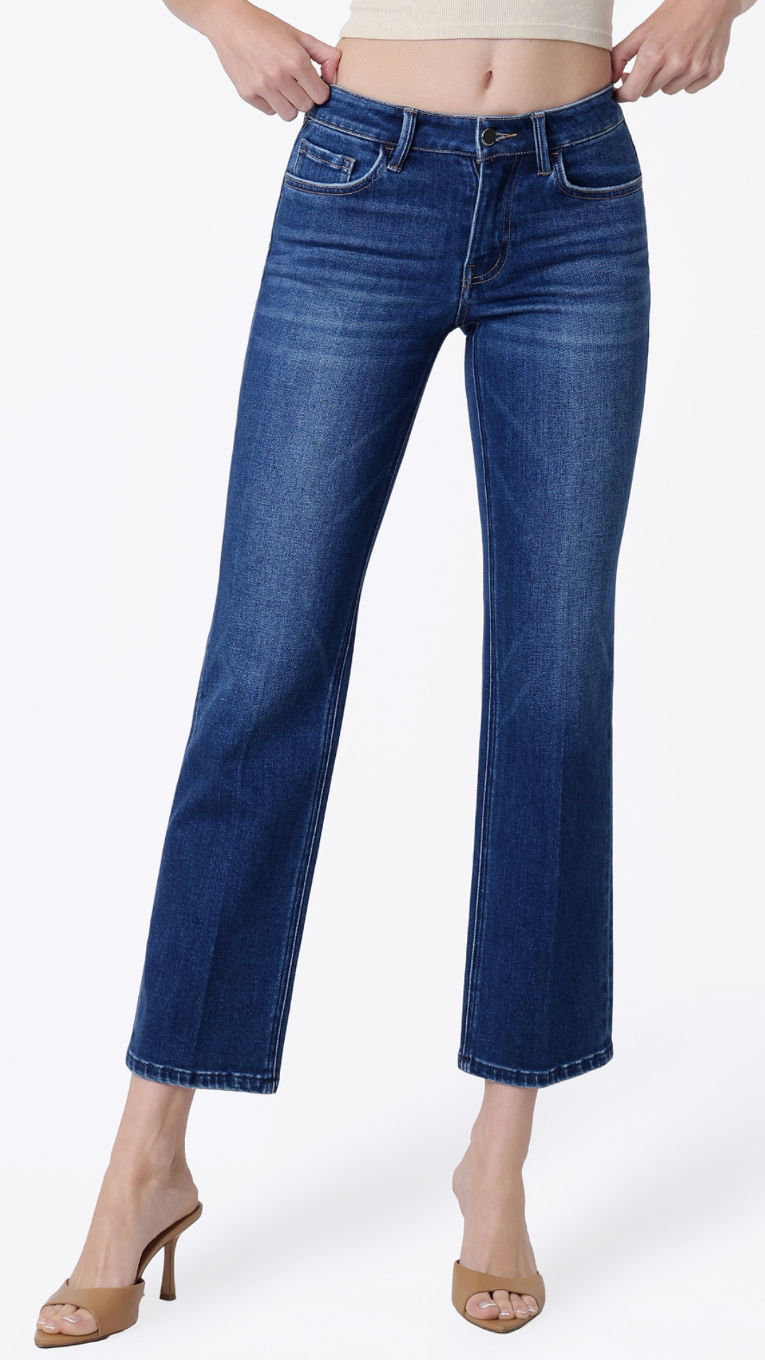 Mid Rise Dark Wash Trouser Fold Creased Straight Jeans