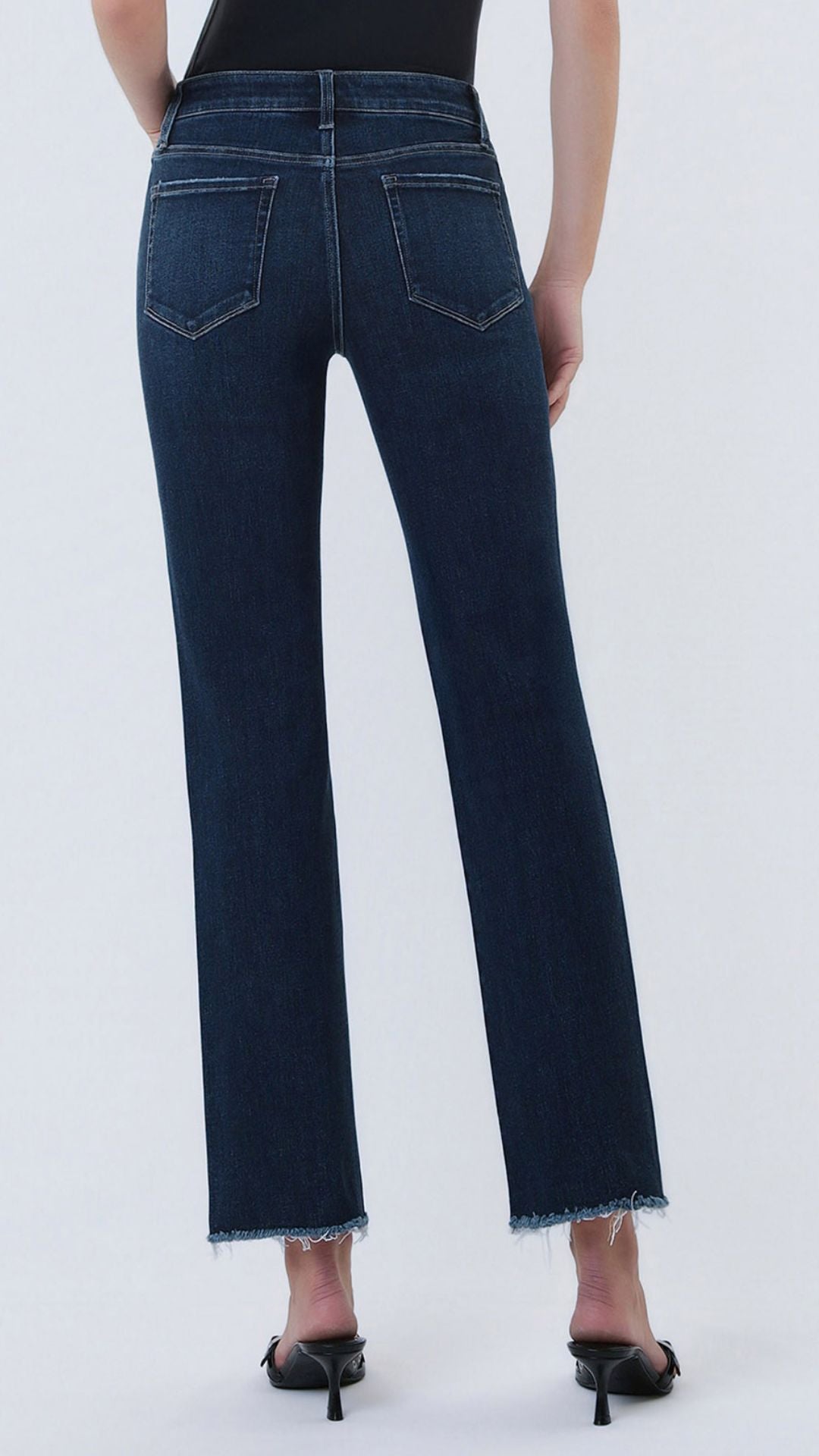 Mid Rise Dark Wash Raw Hem Ankle Straight Jeans