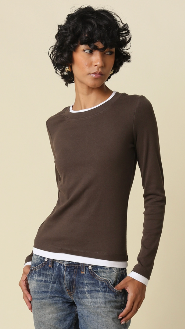 Coffee And White Contrast Trim Long Sleeve Top
