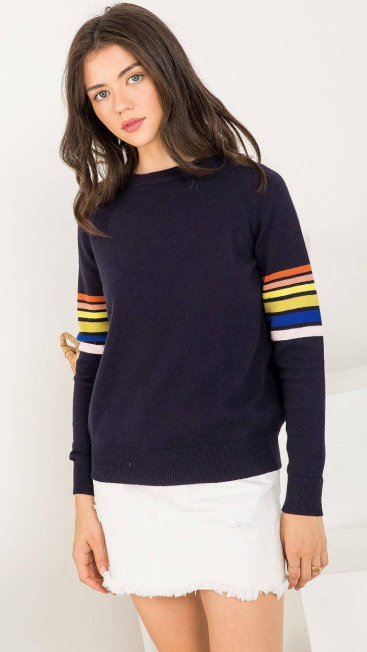 Navy Stripe Sleeve Knit Sweater