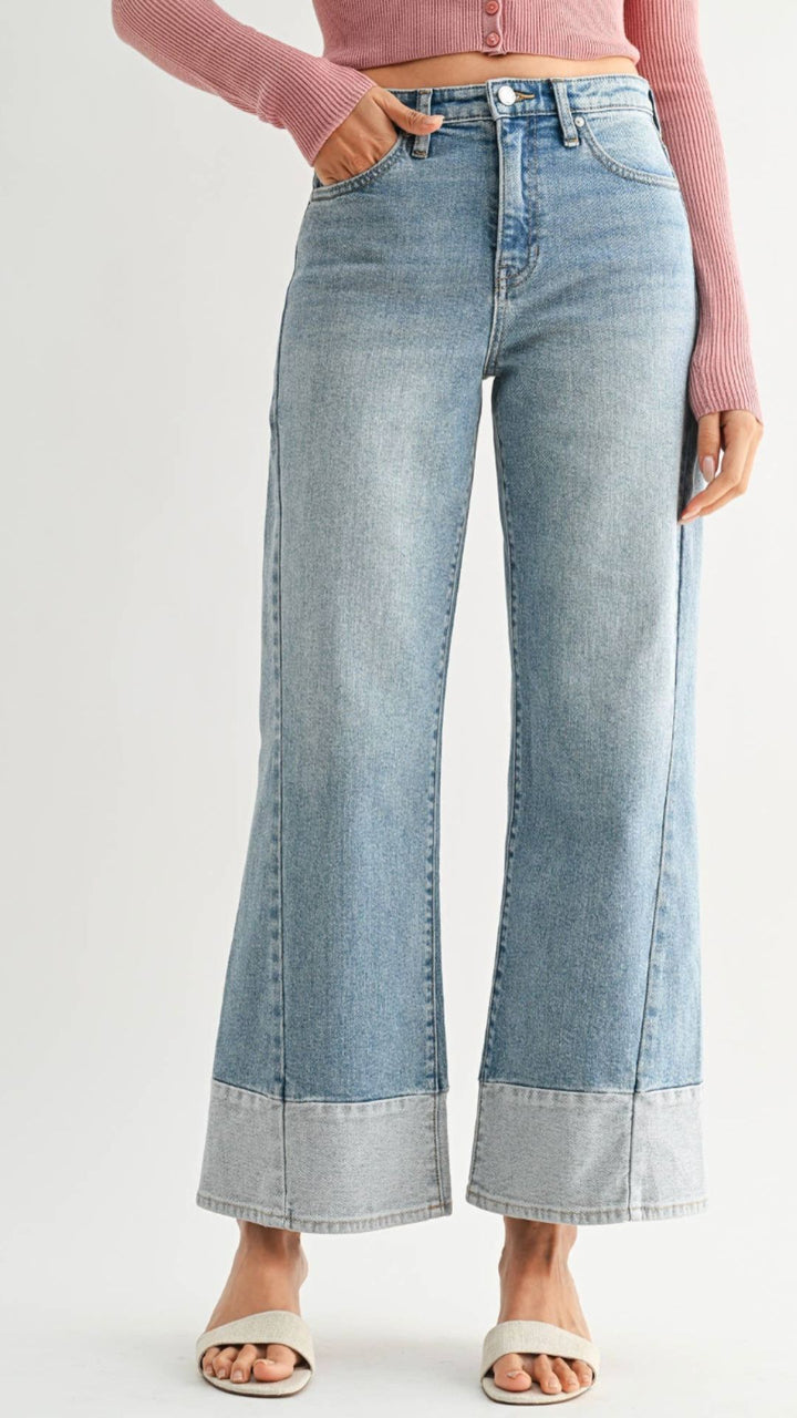 High Rise Light Medium Wash Two Toned Slim Wide Leg Jeans