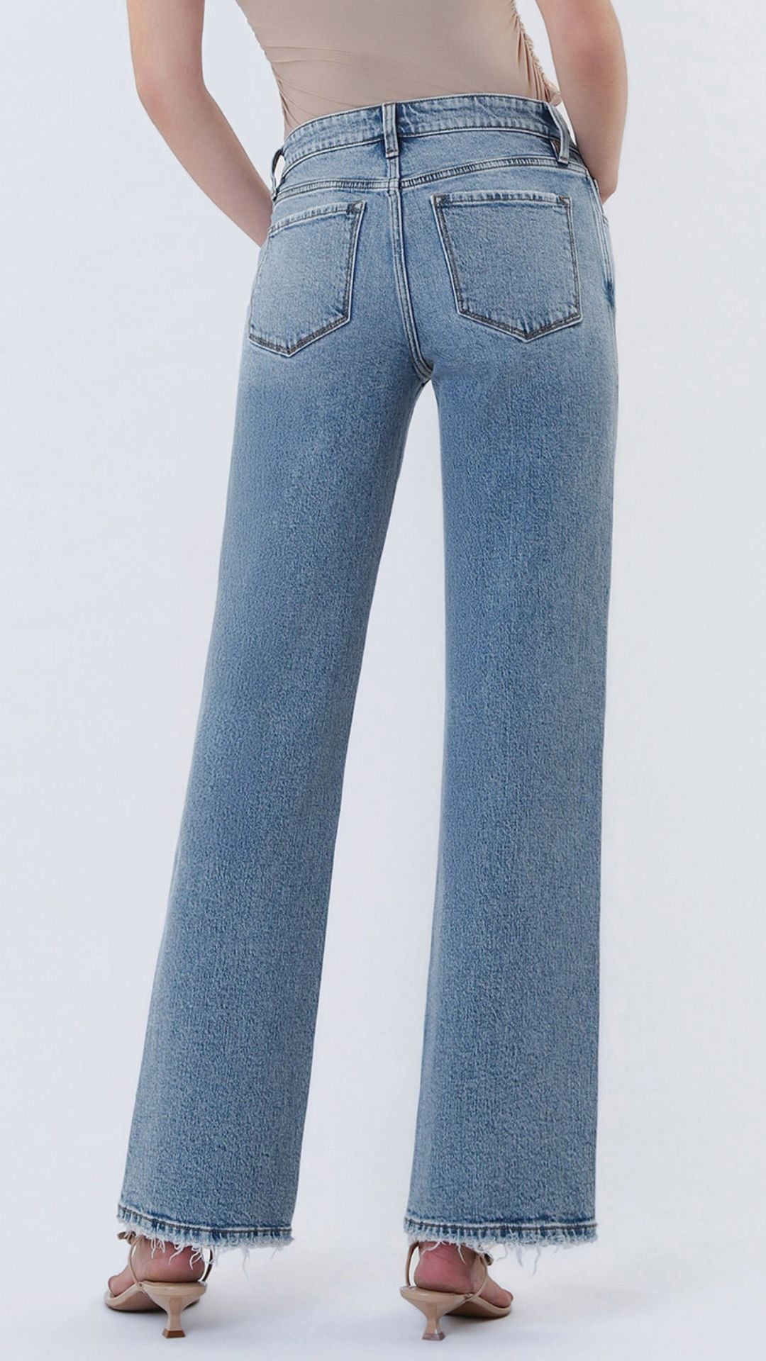 Mid Rise Medium Wash Full Length Slim Wide Leg Jeans
