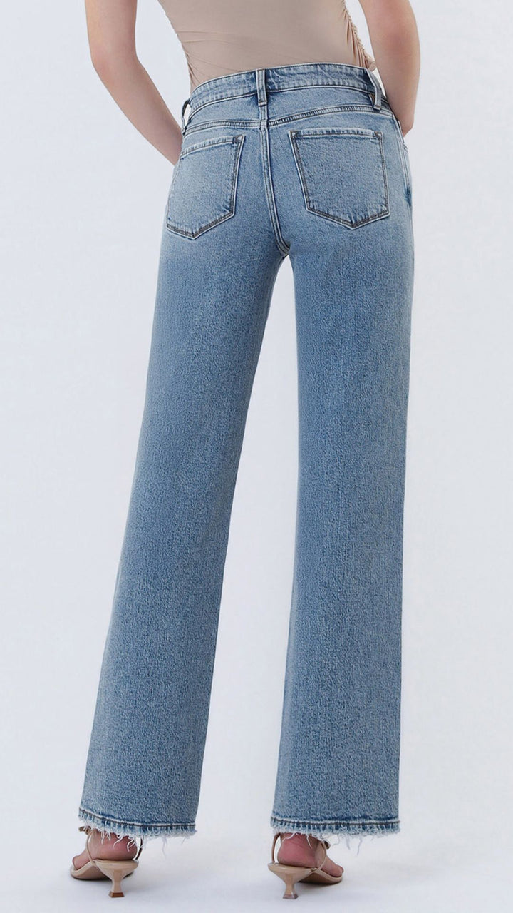 Mid Rise Medium Wash Full Length Slim Wide Leg Jeans