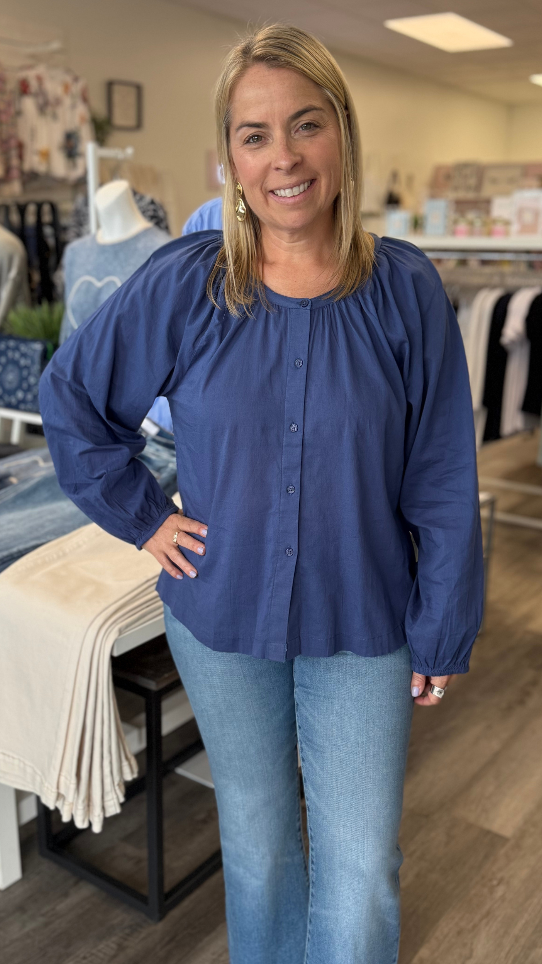 Navy Cotton Bubble Sleeve Blouse