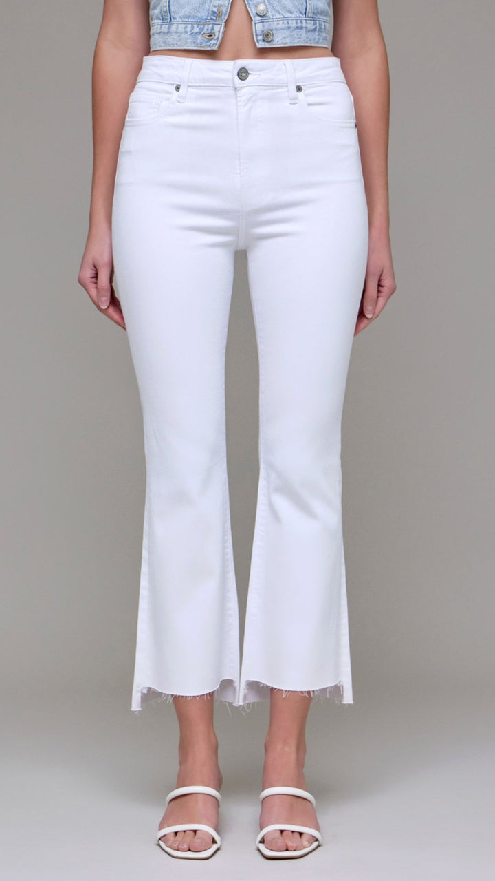 High Rise White Step Hem Cropped Flare Jeans