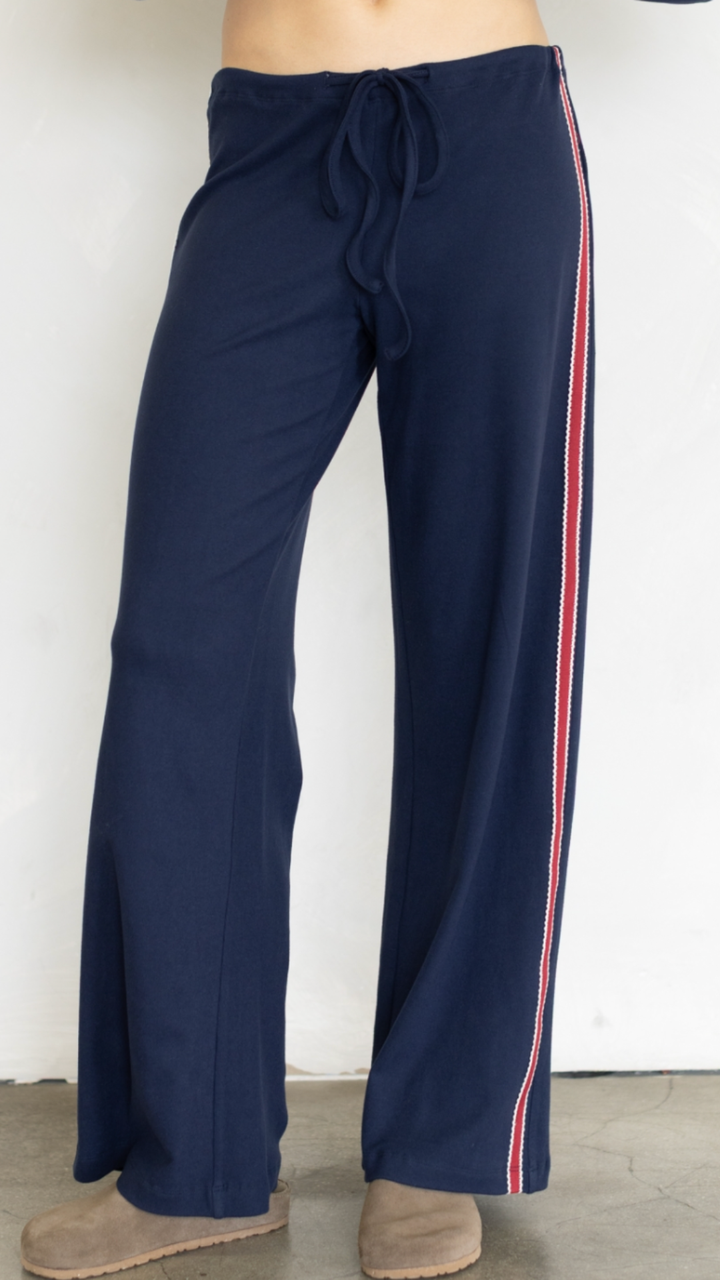 Navy Cardigan And Red Side Stripe Knit Pants Set