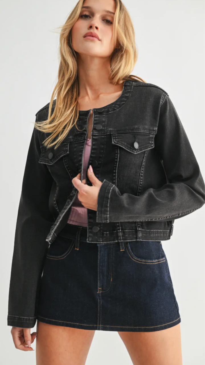 Black Collarless Denim Jacket