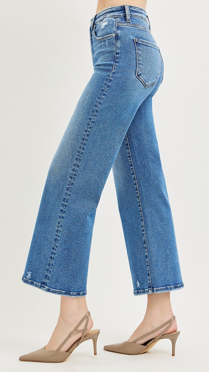 High Rise Medium Wash Tummy Control Crop Wide Leg Jeans