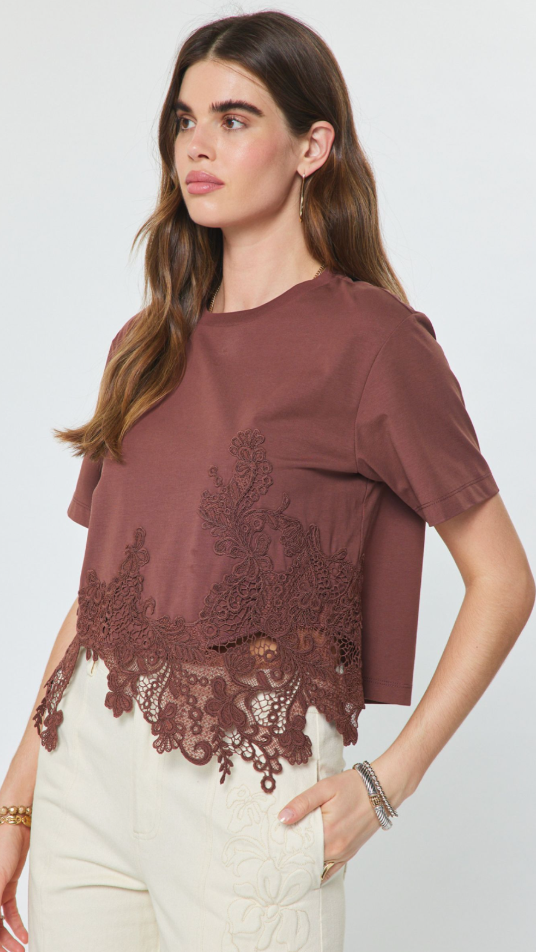 Brown Asymmetric Lace Hem Top