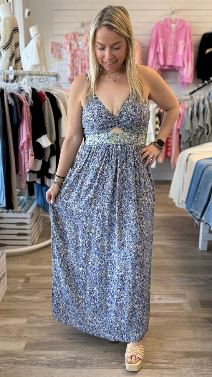 Blue Green V Neck Twist Front Cut Out Maxi Dress