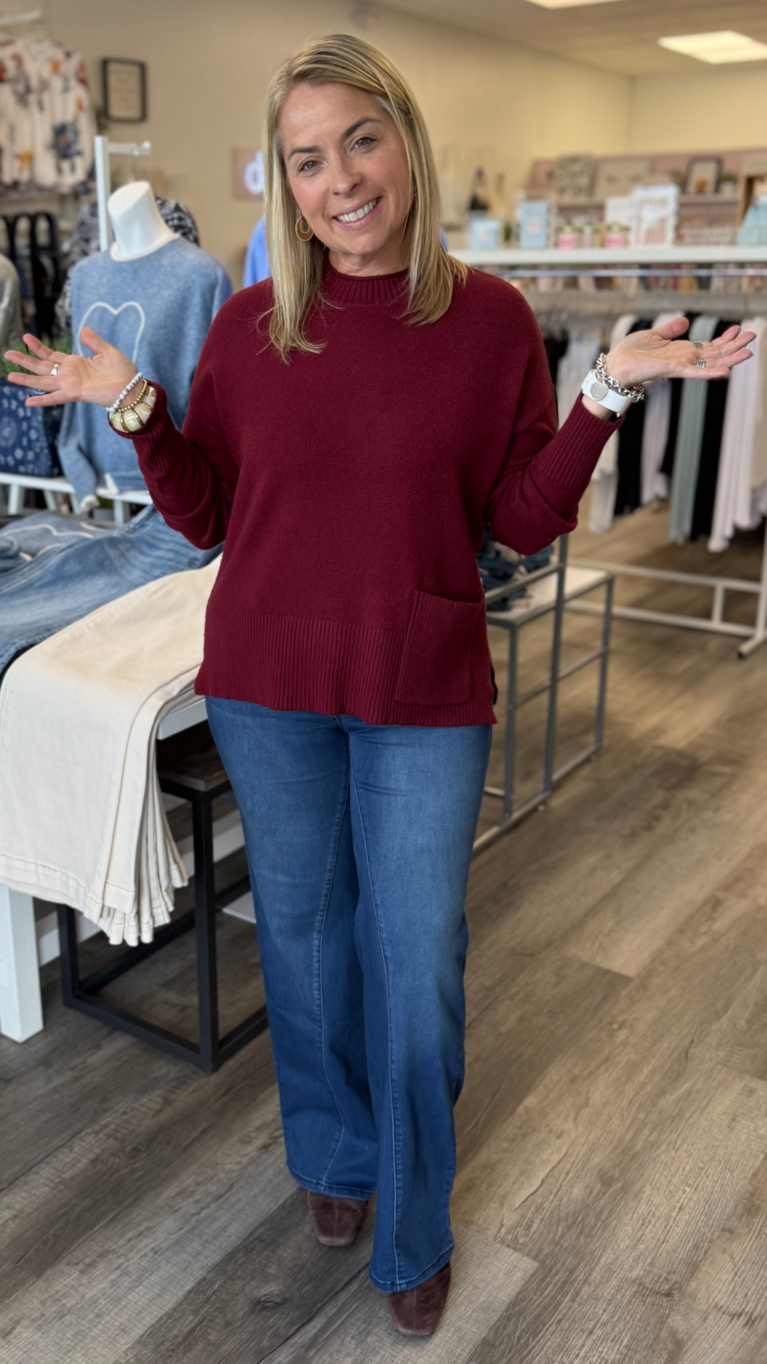 Merlot Patch Pocket Crew Neck Sweater
