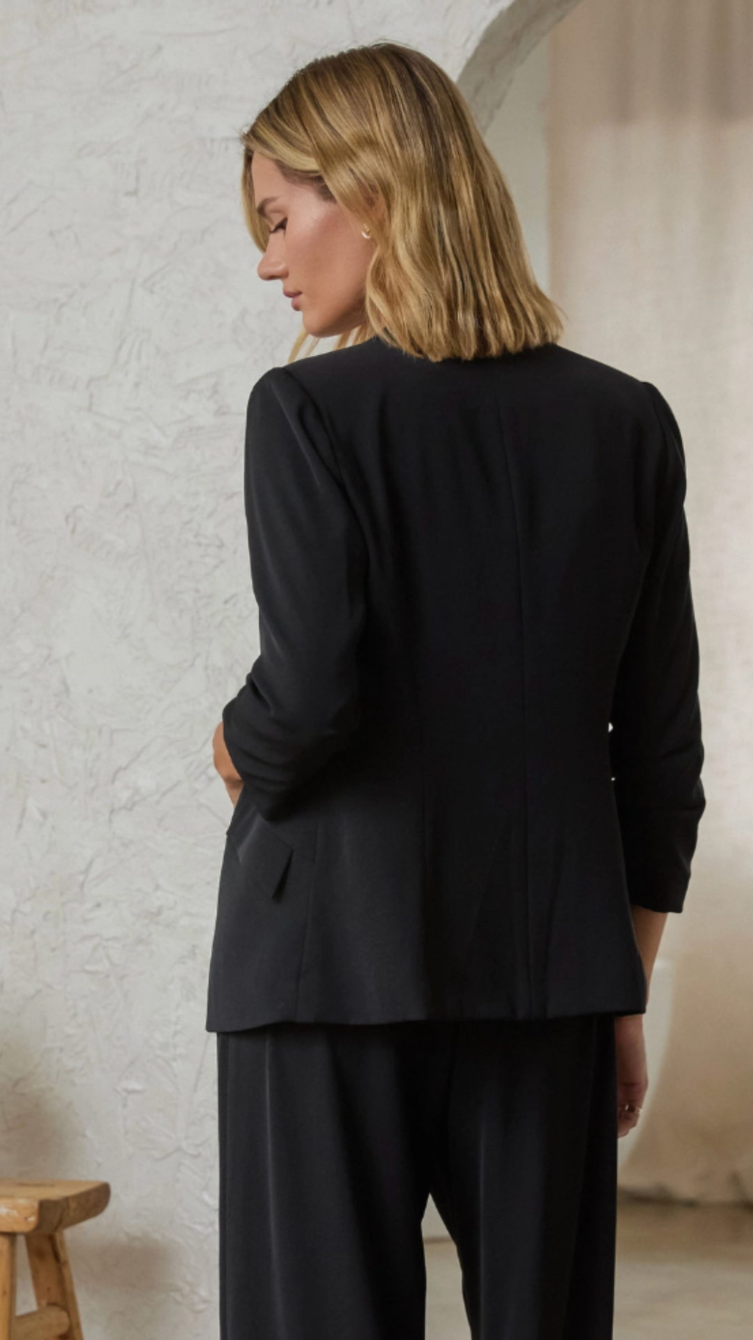 Black Shirred Sleeve Blazer