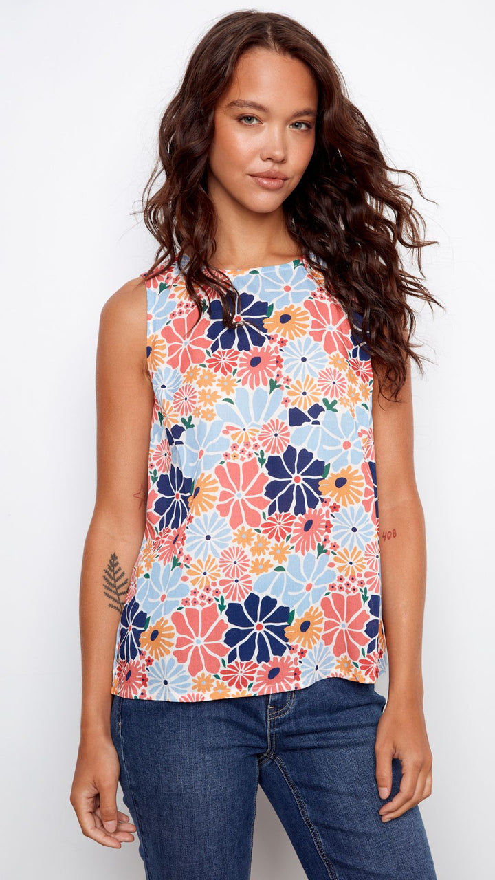 Floral Sleeveless Top With Back Keyhole