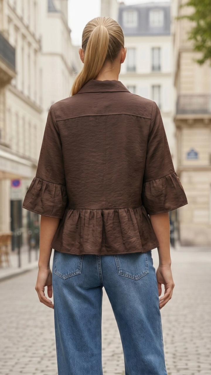 Chocolate Ruffle Zip Jacket Blouse