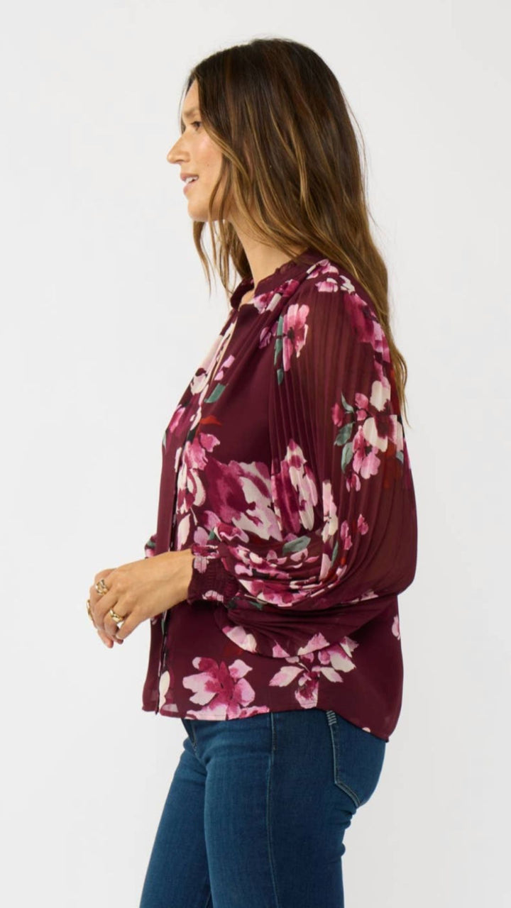 Pleated Sleeve Floral Button Blouse